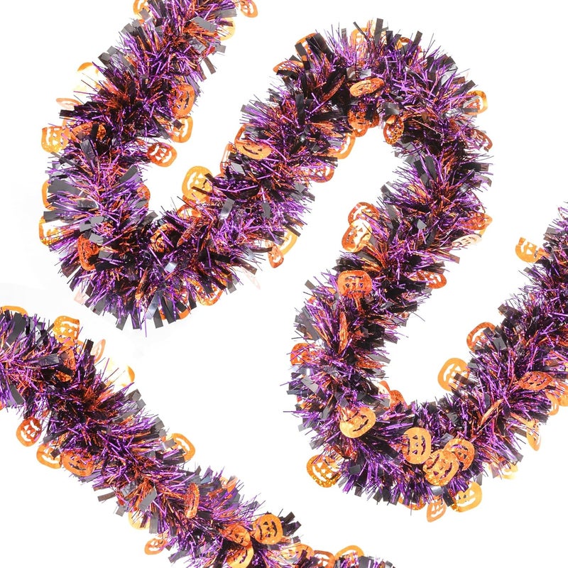CIPOWM 33FT Halloween Tinsel Garland, Black Orange Purple Metallic Twist Foil Tinsel Garland with Pumpkin Ornament Shiny Pumpkin Hanging Garland for Halloween Party Indoor Outdoor Decoration - Image 4