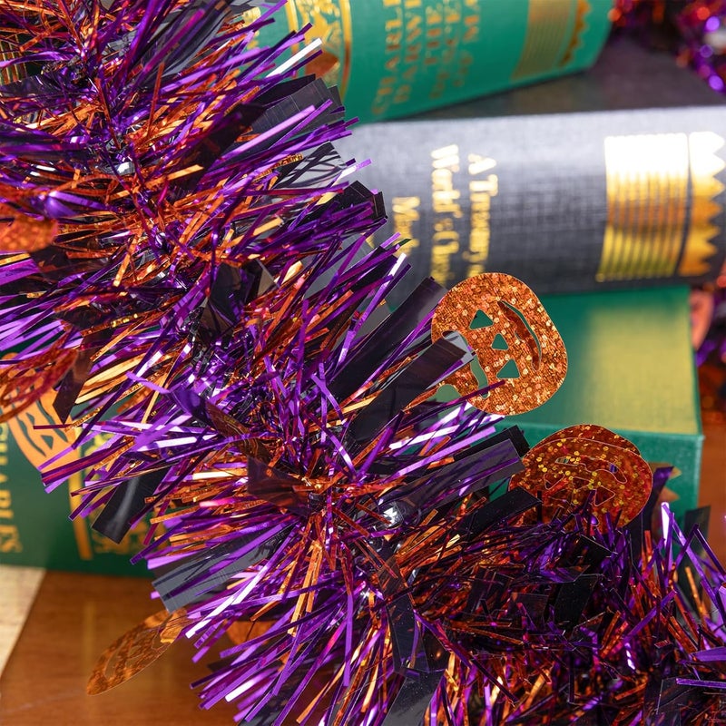 CIPOWM 33FT Halloween Tinsel Garland, Black Orange Purple Metallic Twist Foil Tinsel Garland with Pumpkin Ornament Shiny Pumpkin Hanging Garland for Halloween Party Indoor Outdoor Decoration - Image 5