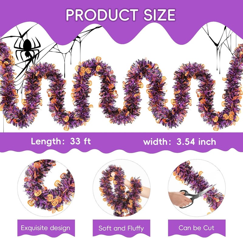 CIPOWM 33FT Halloween Tinsel Garland, Black Orange Purple Metallic Twist Foil Tinsel Garland with Pumpkin Ornament Shiny Pumpkin Hanging Garland for Halloween Party Indoor Outdoor Decoration - Image 2
