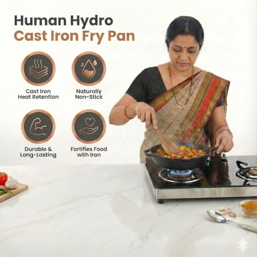 Human Hydro Pre-Seasoned Cast Iron Fry Pan, 25cm/10 inch, 100% Natural, Nonstick and Non-Toxic, Induction Friendly, Perfect for Eggs, Omelets, Frying and Sautéing, Black (25 CM) - Image 4