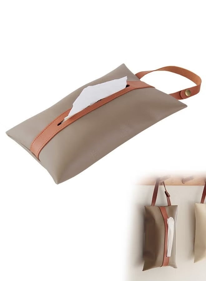 Tissue Bag Tissues Box, PU Leather Hanging Storage Case, Pouch Box Napkin Case Container for Home Car Office Cafe Restaurant (Beige White+Brown) - Image 1