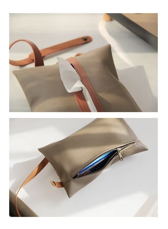 Tissue Bag Tissues Box, PU Leather Hanging Storage Case, Pouch Box Napkin Case Container for Home Car Office Cafe Restaurant (Beige White+Brown) - Image 3