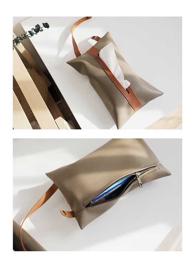 Tissue Bag Tissues Box, PU Leather Hanging Storage Case, Pouch Box Napkin Case Container for Home Car Office Cafe Restaurant (Beige White+Brown) - Image 4