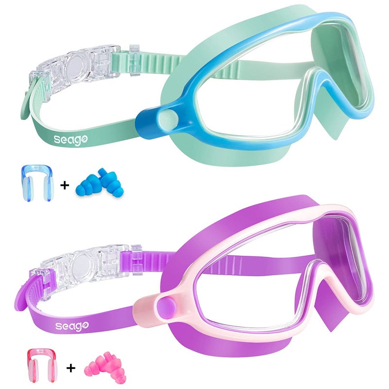 Seago Kids Goggles for Swimming 2 Pack No Leaking AntiFog Outer Eye Fit with Wide View UV Protection Crystal Clear Watertight Swim Goggles with nose cover Suitable for Children Youth Boys Girls Age 3 to 14 - Image 2