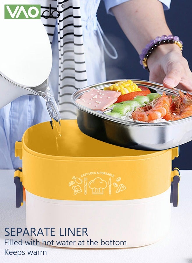 VAOdo Stainless Steel Student Lunch Box Long-term Preservation Separation Leak-proof Large Capacity Stainless Steel Lunch Box With Tableware Yellow  - Image 4