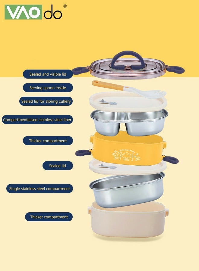 VAOdo Stainless Steel Student Lunch Box Long-term Preservation Separation Leak-proof Large Capacity Stainless Steel Lunch Box With Tableware Yellow  - Image 3