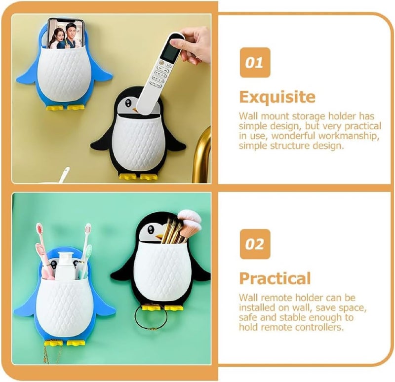 Winberg Penguin Wall Mount Remote Control Holder 1Pcs, Toothbrush Storage Box, Self-Adhesive Bathroom Organiser, Pink Blue Black PNG - Image 3