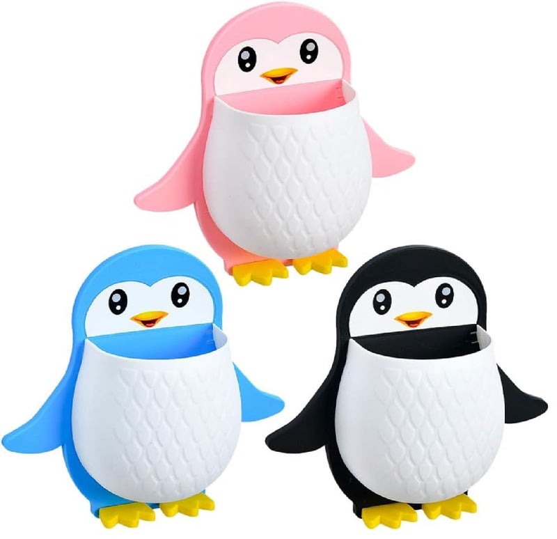 Winberg Penguin Wall Mount Remote Control Holder 1Pcs, Toothbrush Storage Box, Self-Adhesive Bathroom Organiser, Pink Blue Black PNG - Image 1