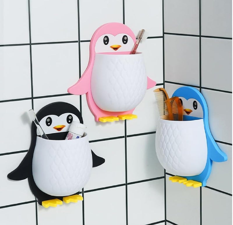 Winberg Penguin Wall Mount Remote Control Holder 1Pcs, Toothbrush Storage Box, Self-Adhesive Bathroom Organiser, Pink Blue Black PNG - Image 4