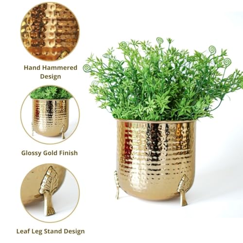 BEHOMA Metal Hammered Planter for Home Decor | Decorative for Indoor Outdoor Balcony Living Room | Table Decorative Plant Pot for Gifting | Size Height- 6" x Dia. 6" inch | Golden (Plant Not Included) - Image 5
