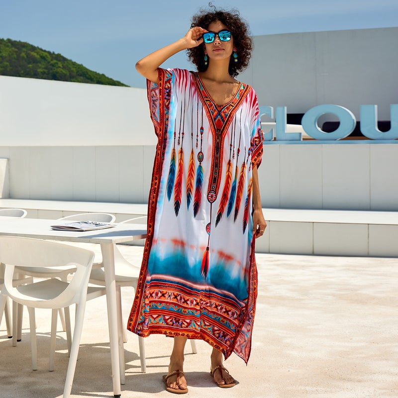 Women's Cotton Tie Dye Beach Maxi Dress Loose Cover Up Bikini Wrap - Image 4