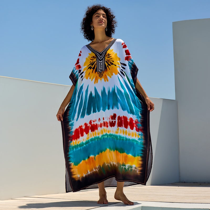 Women's Cotton Tie Dye Beach Maxi Dress Loose Cover Up Bikini Wrap - Image 3