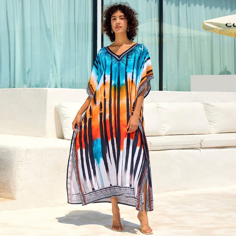 Women's Cotton Tie Dye Beach Maxi Dress Loose Cover Up Bikini Wrap - Image 5