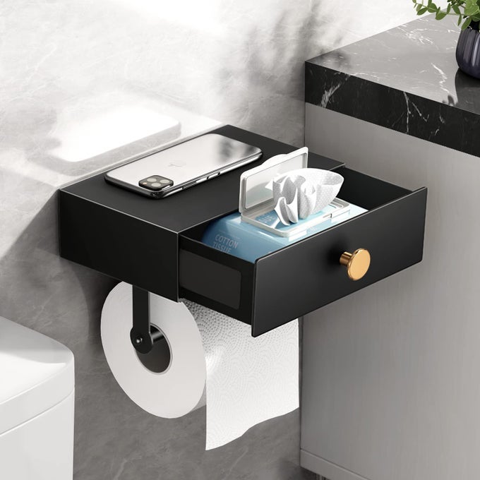 TOILET PAPER HOLDER WITH SHELF BLACK WIPES DISPENSER FOR BATHROOM STAINLESS STEEL TOILET PAPER HOLDER WITH STORAGE DRAWER ADHESIVE WALL MOUNT SMALL BATHROOM SHELF