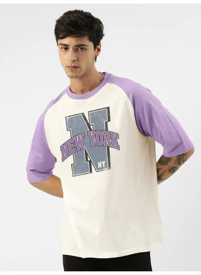 مانياك Mens Printed Round Neck Raglan 3/4th Sleeve White and Lavender Cotton Oversized Tshirt