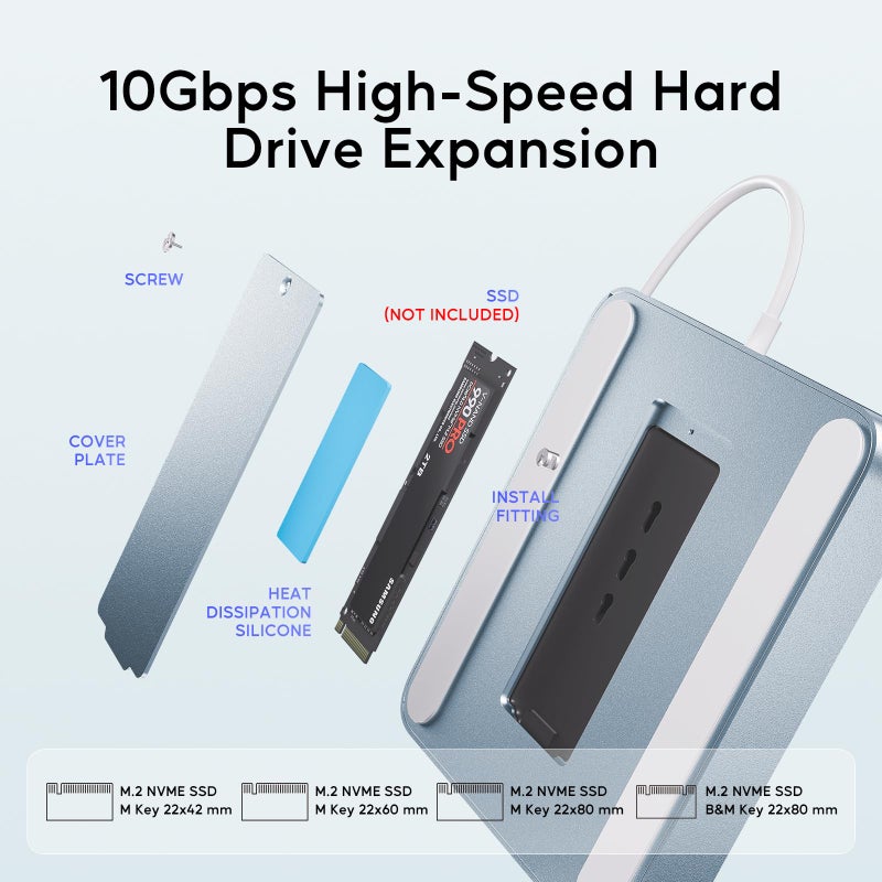 PULWTOP USB C HUB for iMac 24 inch 2021/2023/2024, PULWTOP USB Hub Adapter iMac Accessories for iMac M1/M3/M4 with USB C 10Gbps 3*USB A SD/TF, Docking Station Support Expand M.2 SSD (Not Included),Blue - Image 5