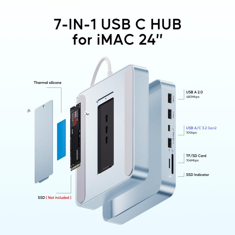 PULWTOP USB C HUB for iMac 24 inch 2021/2023/2024, PULWTOP USB Hub Adapter iMac Accessories for iMac M1/M3/M4 with USB C 10Gbps 3*USB A SD/TF, Docking Station Support Expand M.2 SSD (Not Included),Blue - Image 3