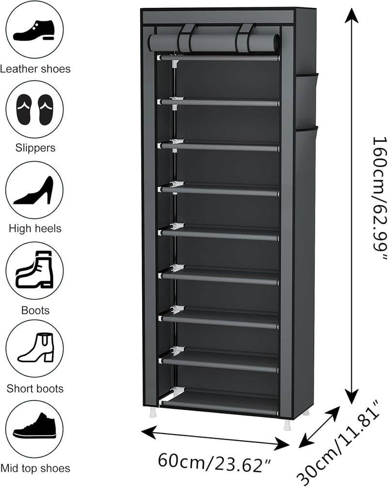 Calmootey 9 Tier Shoe Rack Organizer,Portable Shoe Shelf with Nonwoven Fabric Cover for Closet Hallway,Bedroom,Entryway,Grey - Image 2