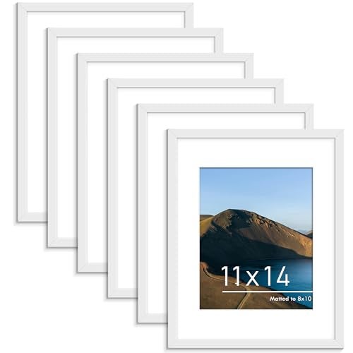 PEALSN 11x14 Picture Frame Set of 6 Display Pictures 8x10 with Mat or 11x14 Without Mat for Wall Mounting or Table Top Display Photo Frames Collage for Wall Decor White