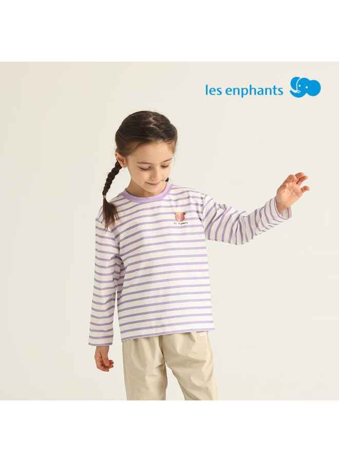 Les enphants تي شيرت طويل الأكمام مخطط للأطفال من ليين فنج، تي شيرت طويل الأكمام بألوان متباينة مع طوق مطبوع للبنين والبنات، بنفسجي أميثيست، 120 سم - Image 1