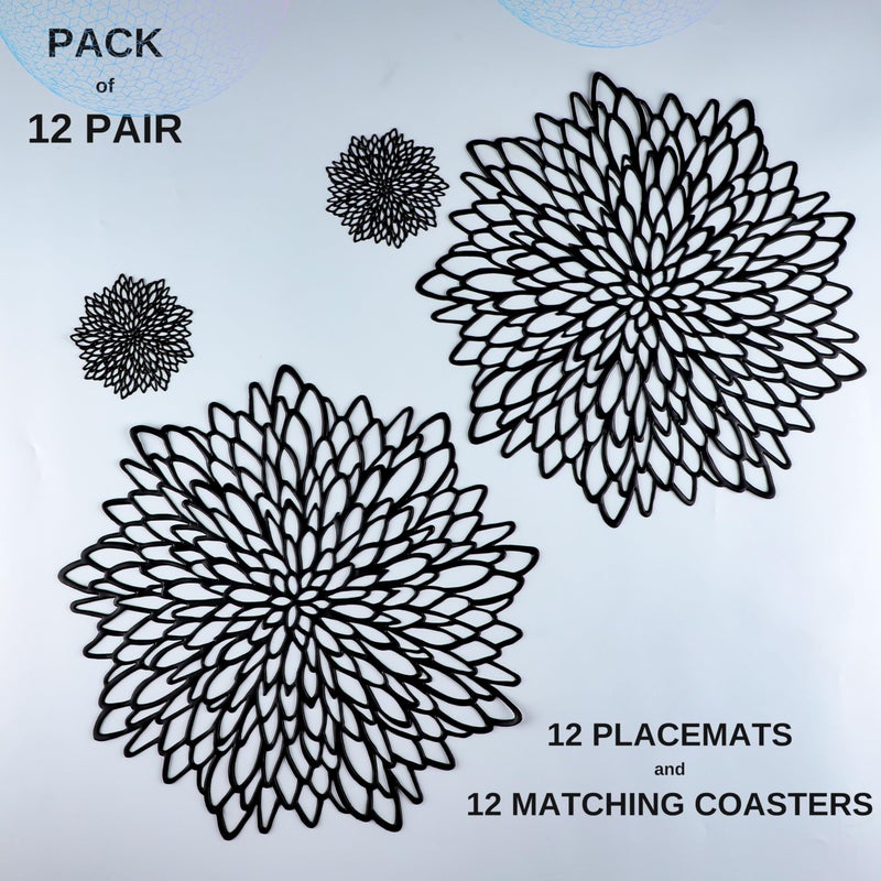 Snowkingdom Snowkingdom Pairs of 12 Black Placemats & Coasters 24 Pcs Matching Washable Pressed Vinyl Laser Cut Dining Table Mats Round Floral Charger Decoration for Christmas Halloween Thanksgiving Wedding  - Image 1