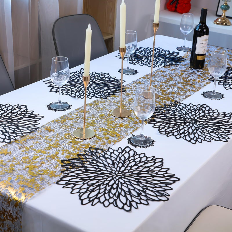 Snowkingdom Snowkingdom Pairs of 12 Black Placemats & Coasters 24 Pcs Matching Washable Pressed Vinyl Laser Cut Dining Table Mats Round Floral Charger Decoration for Christmas Halloween Thanksgiving Wedding  - Image 3