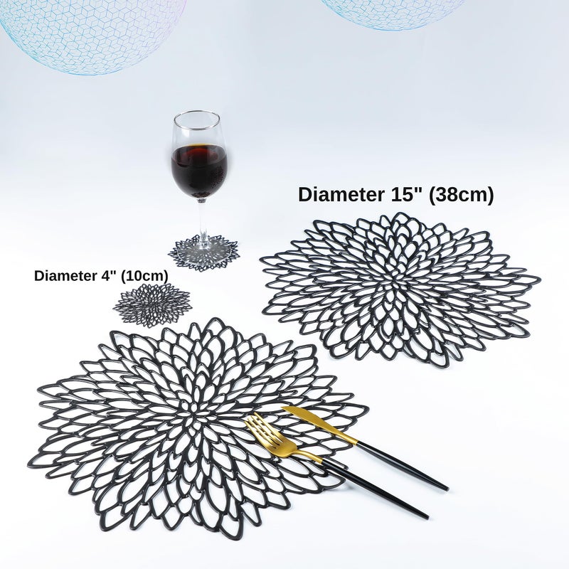 Snowkingdom Snowkingdom Pairs of 12 Black Placemats & Coasters 24 Pcs Matching Washable Pressed Vinyl Laser Cut Dining Table Mats Round Floral Charger Decoration for Christmas Halloween Thanksgiving Wedding  - Image 2