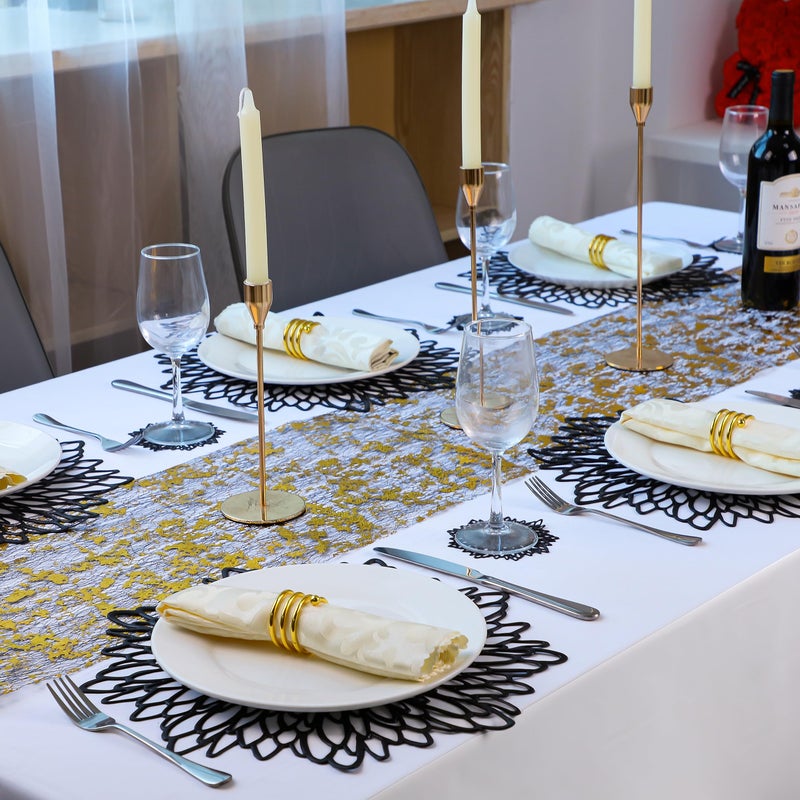 Snowkingdom Snowkingdom Pairs of 12 Black Placemats & Coasters 24 Pcs Matching Washable Pressed Vinyl Laser Cut Dining Table Mats Round Floral Charger Decoration for Christmas Halloween Thanksgiving Wedding  - Image 4