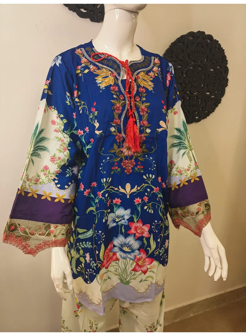 Bazm-A Fashion Atelier  2-Piece Women's Farshi Suit Set - Blue Printed Shirt & Trousers for Women | Best Price UAE