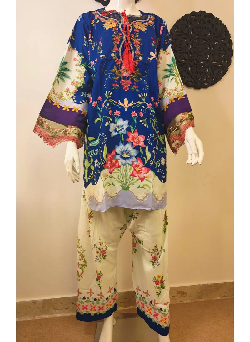 Bazm-A Fashion Atelier  2-Piece Women's Farshi Suit Set - Blue Printed Shirt & Trousers for Women | Best Price UAE