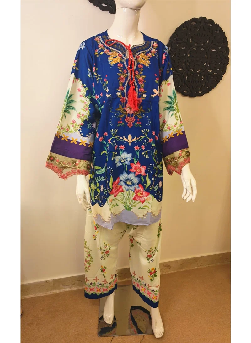 Bazm-A Fashion Atelier  2-Piece Women's Farshi Suit Set - Blue Printed Shirt & Trousers for Women | Best Price UAE
