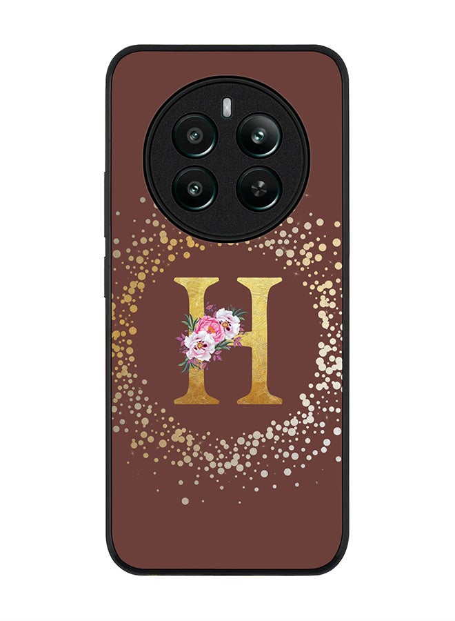 Stylizedd Rugged Black edge case for Realme 12 Plus 5G / Realme 12 4G, Slim fit Case Cover - Custom Monogram Initial Letter Floral Pattern Alphabet - H (Brown ) - Image 1