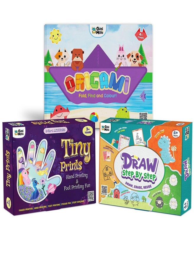 GiniMini Art & Craft 3-in-1 Combo - Draw Step by Step + Origami Fold & Colour + Tiny Prints Magical Journey | Creative Learning Kit for Kids 3,4,5 Years | Diwali Gift