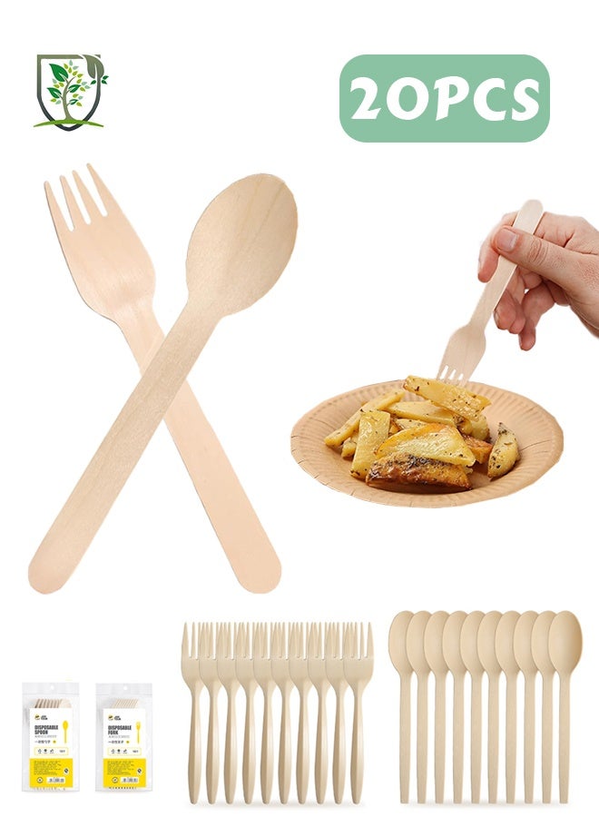 جولة الفرح ١٠ قطع من الشوك الخشبية و١٠ قطع من الملاعق الخشبية للاستخدام مرة واحدة، أدوات مائدة خشبية، أدوات طعام للاستخدام مرة واحدة، مناسبة للطعام والكعك والآيس كريم والحلويات، الحفلات، التخييم، وحفلات الزفاف. - Image 1