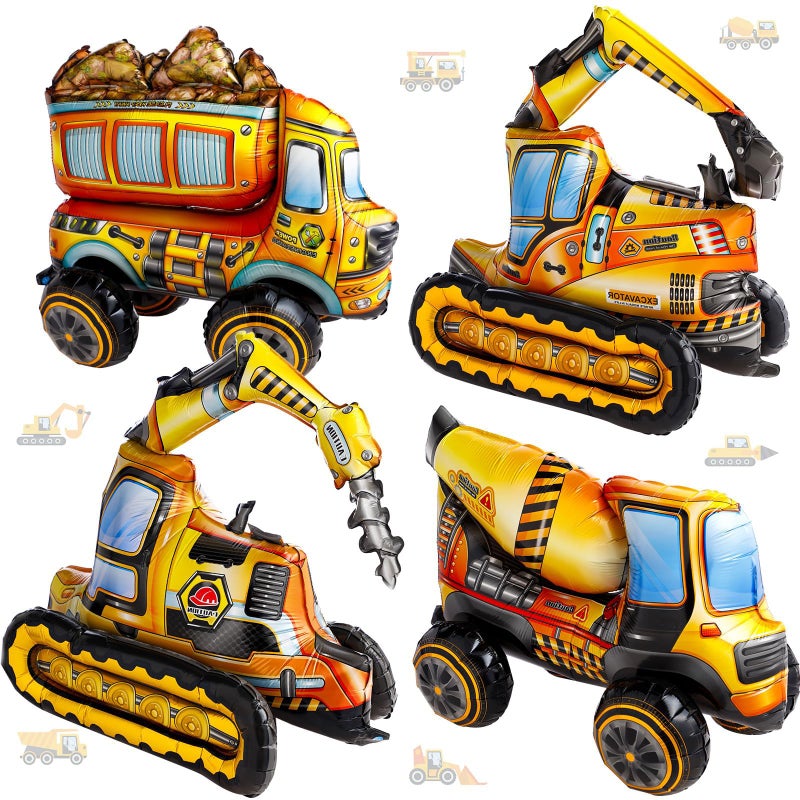 Excefore 4 Pcs Self Standing Construction Balloons Excavator Dump Truck Mixer Truck Yellow Foil Balloons for Construction Birthday Party Decorations - Image 2