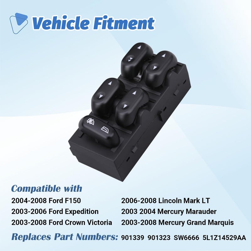 AiYiGu Power Window Control Switch Master Door Button Compatible with 2003-2008 Ford Crown Victoria/F150/Expedition, 06-08 Lincoln Mark LT, 03-08 Mercury Grand Marquis/Marauder Replace OEM 5L1Z14529AA - Image 2