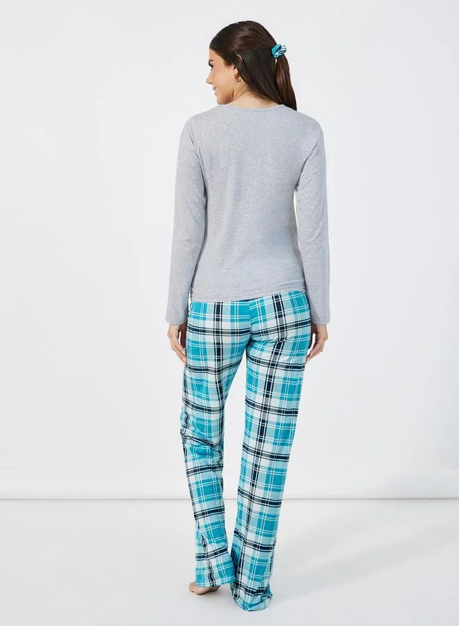 Styli Morning Slogan Long Sleeves T-Shirt & Check Pyjama Set