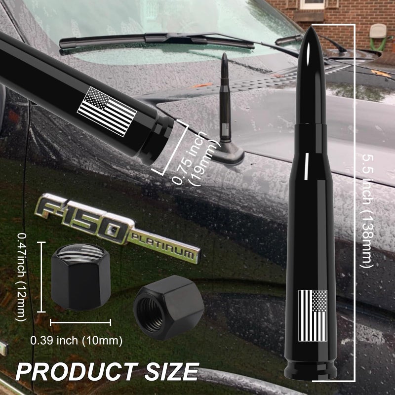 Engirette Car Truck Antenna with Tire Valve Caps American Flag Universal Short Replacement for GMC Sierra Chevy Silverado Dodge Ram 1500 2500 3500 Ford F150 F250 F350 Super Duty Raptor Radio Accessories, Black - Image 2