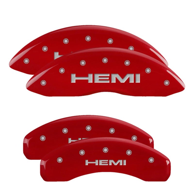 أغطية مكابح MGP لرام 1500 من 2019 إلى 2025 تتطلب عجلات 18 بوصة أو أكبر شعار HEMI المنقوش تشطيب مسحوق أحمر من الألمنيوم مجموعة من 4 أغطية مكابح أمامية وخلفية
