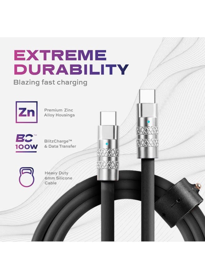 Statik TsumoCharge USB C to USB C Cable 100W Fast Charging Cable - Heavy-Duty Unbreakable Silicone, Supports Data Transfer Type C to Type C Cable, Cord Wrap Organizer Included, 6FT/2M, Black - Image 4
