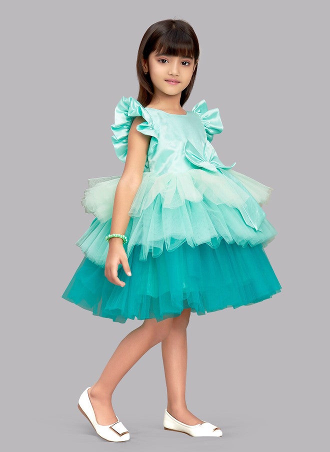 PinkChick Sea Green Colourblocked Layered Dress for Girls - Image 3