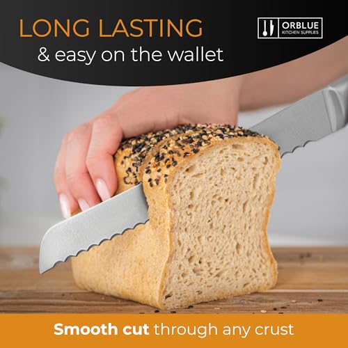 Orblue Serrated Bread Knife Ultra-Sharp Stainless Steel Professional Grade Bread Cutter - Cuts Thick Loaves Effortlessly - (8-Inch Blade with 5-Inch Handle), Blue - Image 2