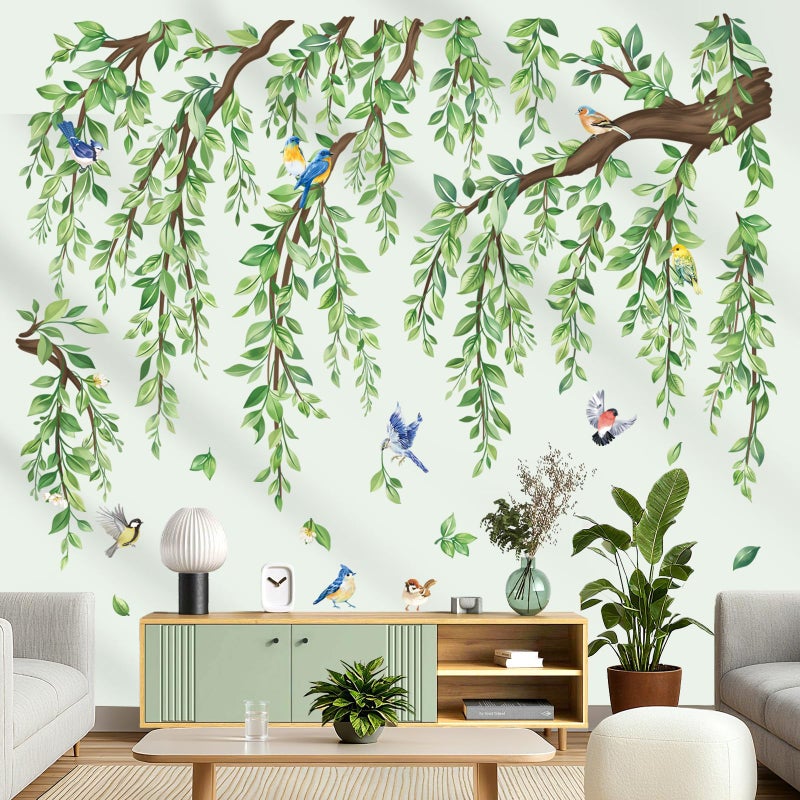 wondever Large Green Tree Branch Wall Stickers Hanging Vine Leaf Peel and Stick Wall Art Decals for Living Room Bedroom Sofa Background - Image 3