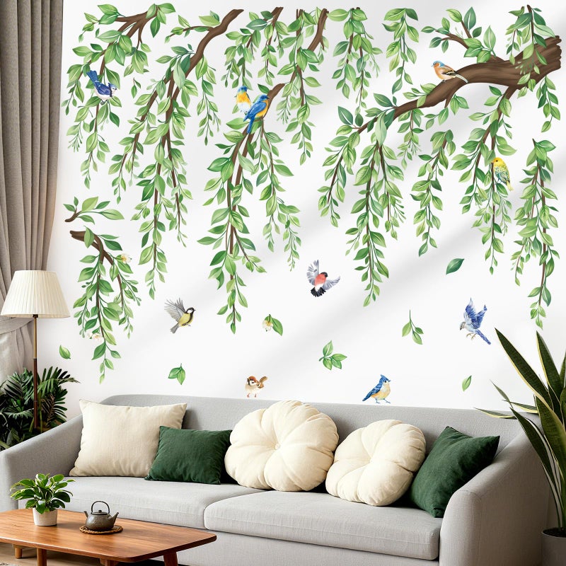 wondever Large Green Tree Branch Wall Stickers Hanging Vine Leaf Peel and Stick Wall Art Decals for Living Room Bedroom Sofa Background - Image 1
