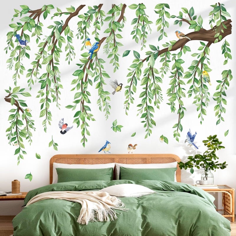 wondever Large Green Tree Branch Wall Stickers Hanging Vine Leaf Peel and Stick Wall Art Decals for Living Room Bedroom Sofa Background - Image 2