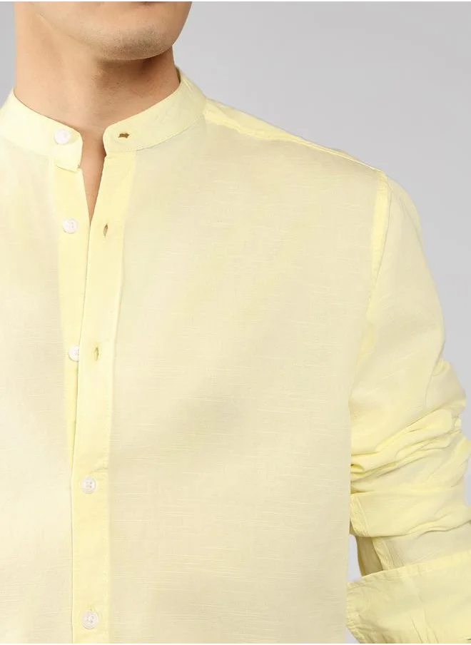 Dennis Lingo Slim Fit Yellow Cotton Blend Casual Shirt