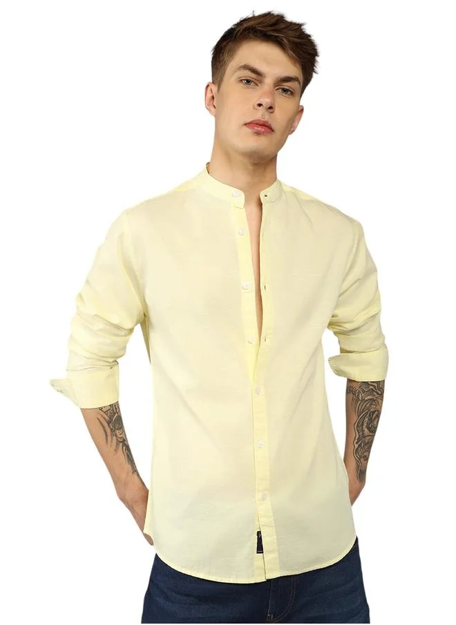 Dennis Lingo Slim Fit Yellow Cotton Blend Casual Shirt