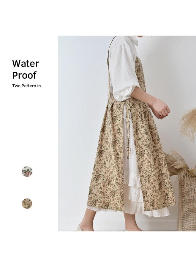 Floral Print Cotton Apron, Waterproof, Adjustable, Extra Long with Pocket - Brown - Image 2
