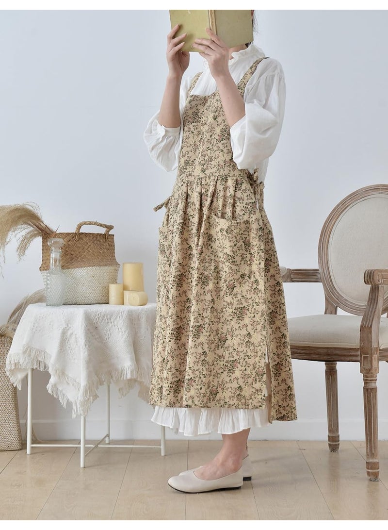 Floral Print Cotton Apron, Waterproof, Adjustable, Extra Long with Pocket - Brown - Image 5