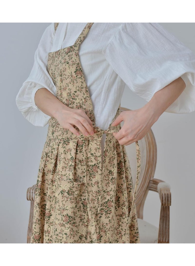 Floral Print Cotton Apron, Waterproof, Adjustable, Extra Long with Pocket - Brown - Image 3